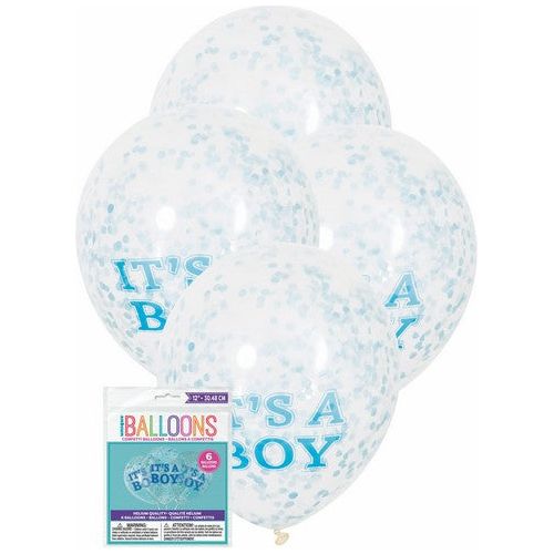 Clear It's a Boy Latex Balloons Prefilled - Blue Confetti - Dollars and Sense