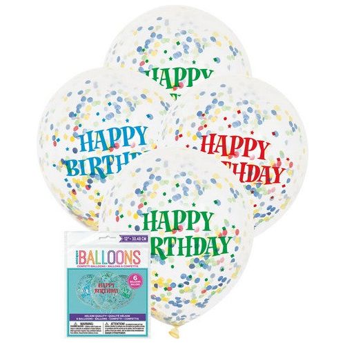 Clear Happy Birthday Latex Balloons Prefilled - Bright Confetti - Dollars and Sense