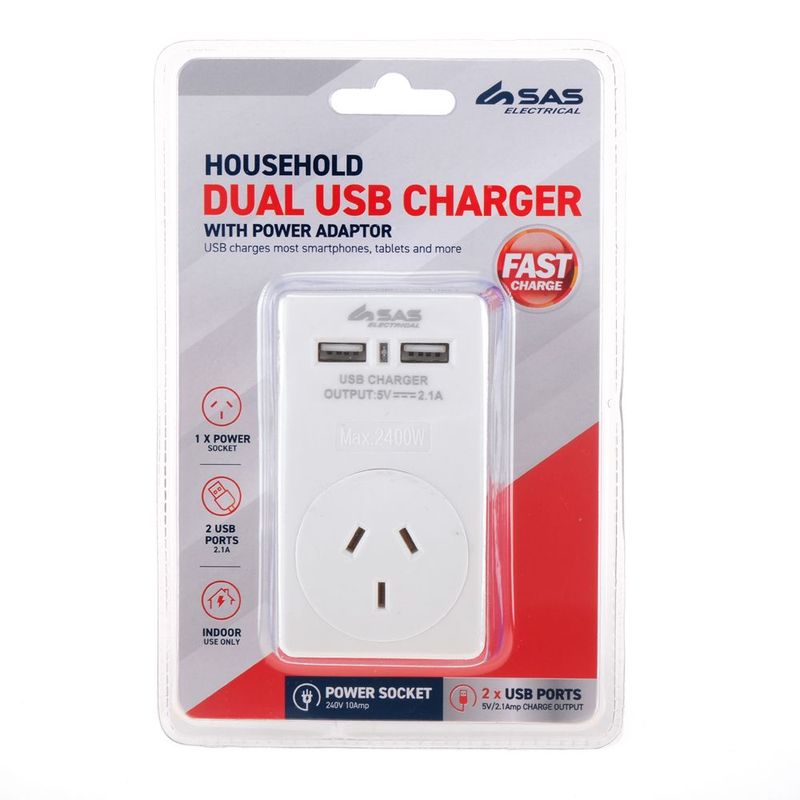 Adaptor with Dual USB Ports - White - Dollars and Sense
