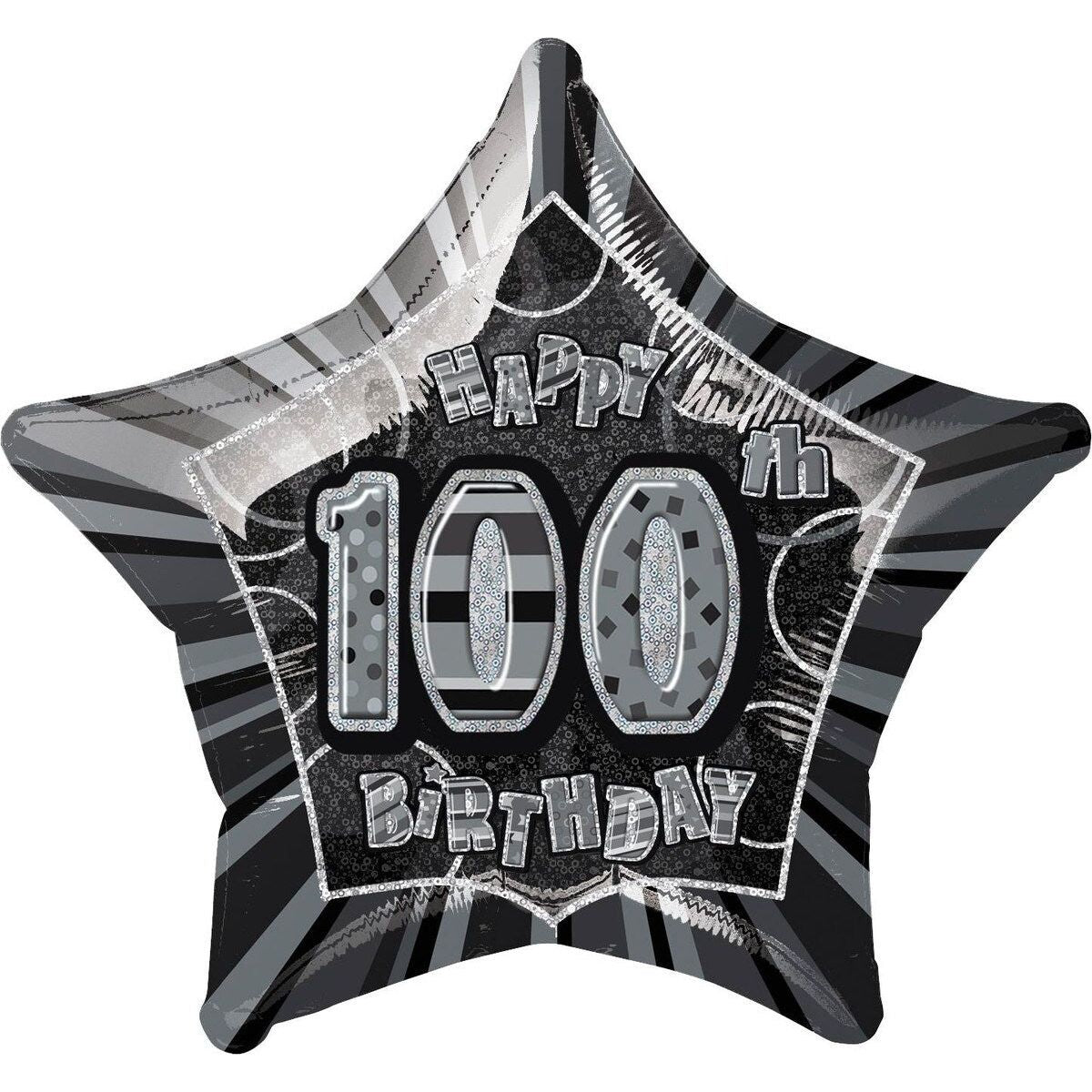 Happy 100th Birthday Star Foil Balloon - Glitz Black & Silver - Dollars and Sense