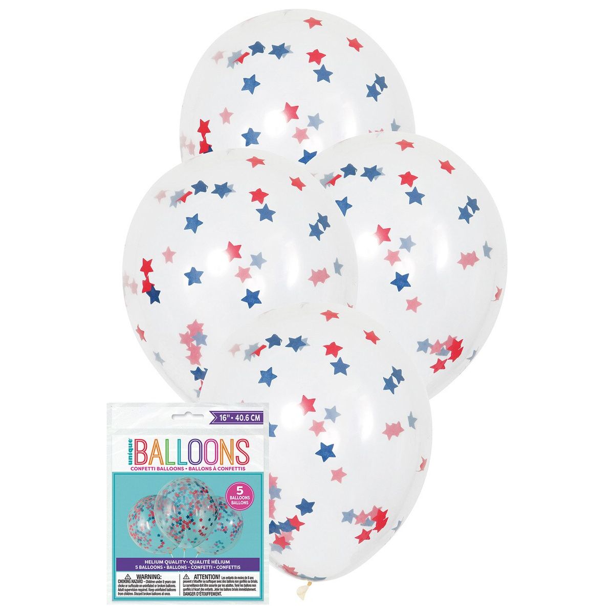Clear Latex Balloons - Red & Blue Stars Confetti - Dollars and Sense