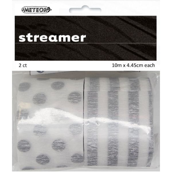 Crepe Streamers Stripes & Dots - Metallic Silver - Dollars and Sense