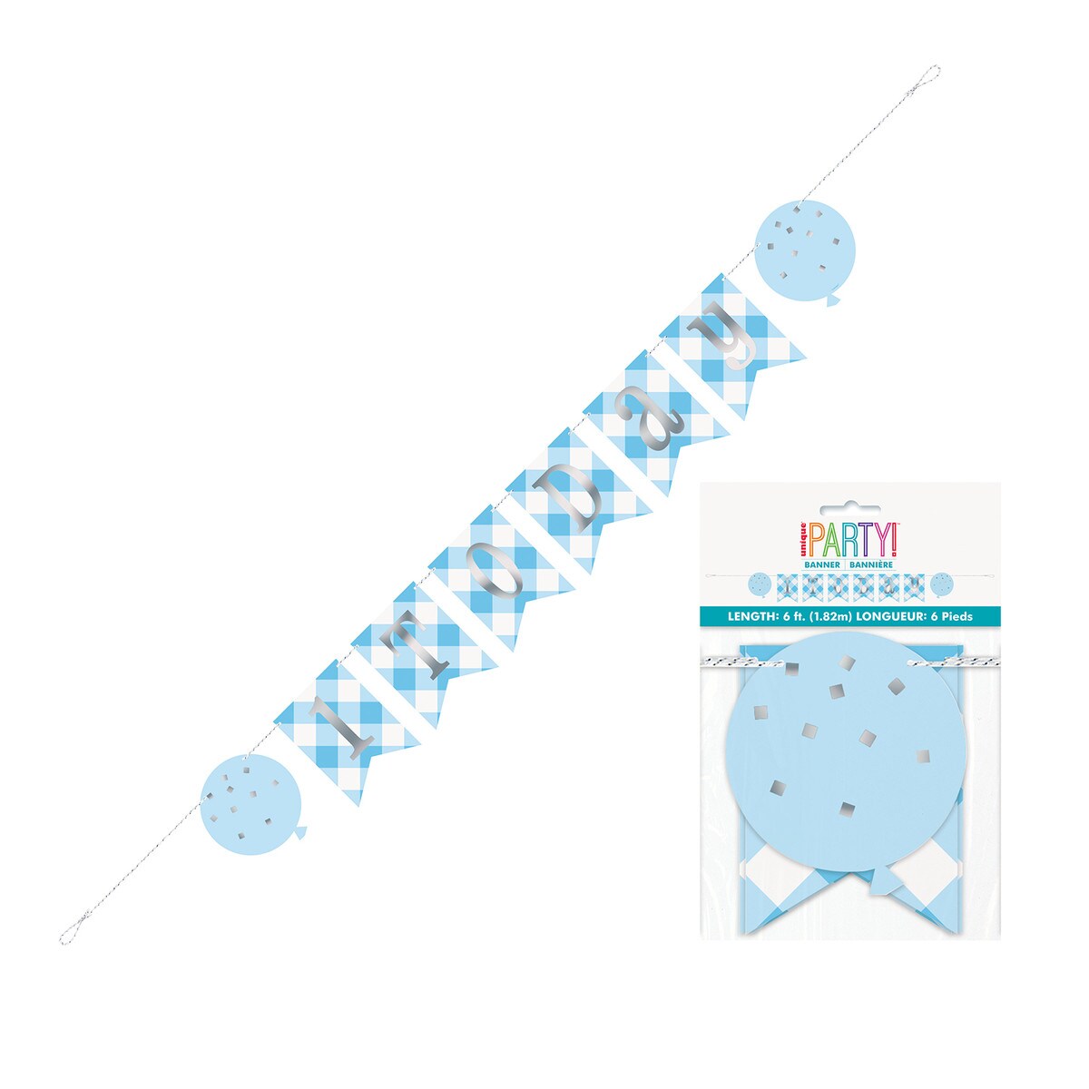 Gingham 1st Birthday Pennant Banner - Blue - Dollars and Sense