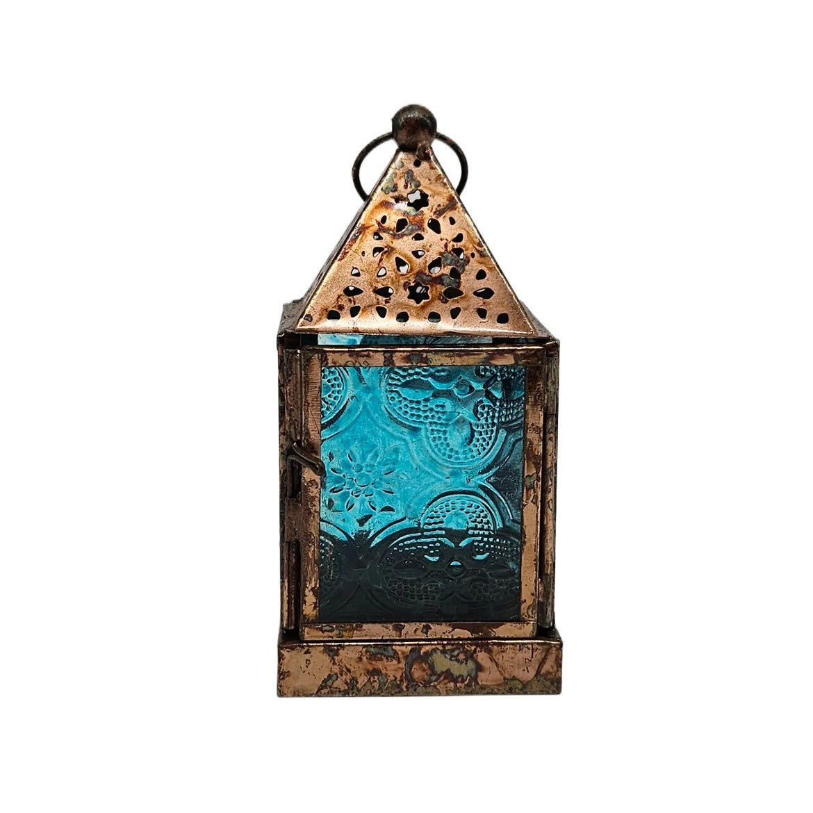 Iron Lantern Square Brass & Blue