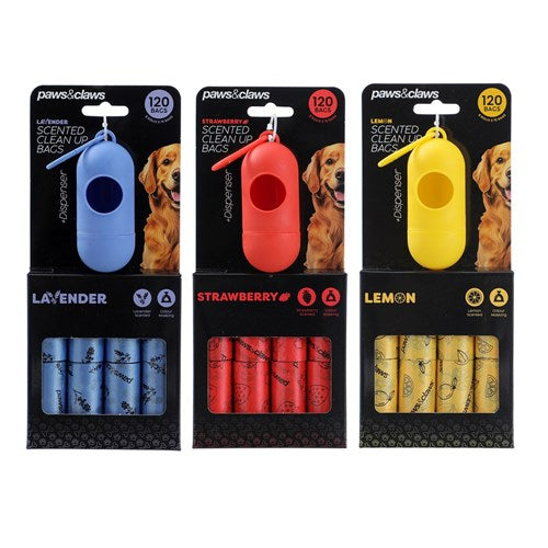 SCENTED POOP BAGS & DISPENSER 8 ROLLS X 15 BAGS 120PK 3 ASTD