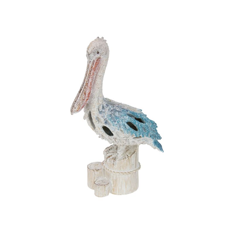 35cm Standing Pelican on Log with Blue & White Coral Design SKU BEACOPL - Dollars and Sense