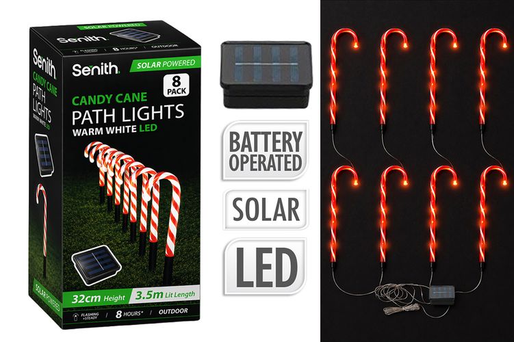 8 Pack Solar LED Mini Candy Cane Path Lights - 32cm