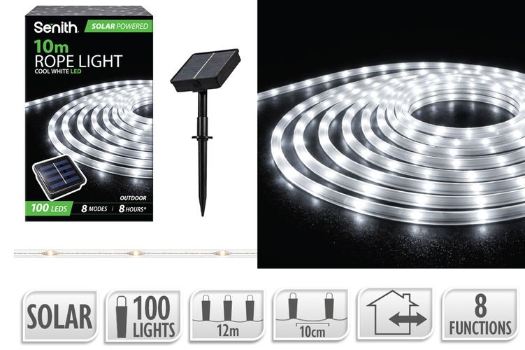 100 LED Solar Rope Light with 8 Functions - Cold White - 10m