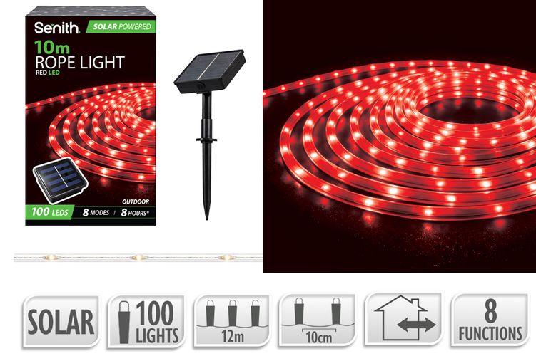 100 LED Solar Rope Light with 8 Functions - Red - 10m