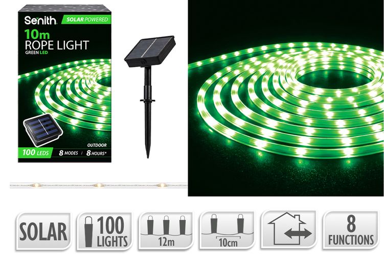 100 LED Solar Rope Light with 8 Functions - Green - 10m