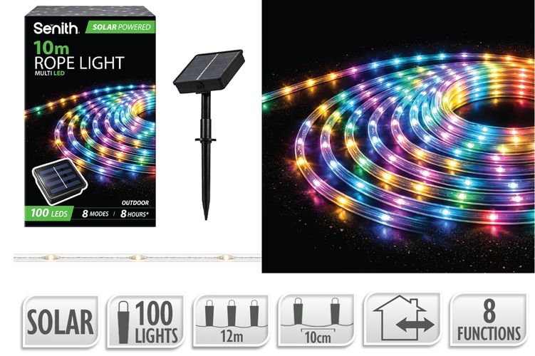 100 LED Solar Rope Light with 8 Functions - Multicolour - 10m