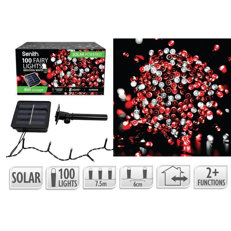 100 LED solar fairy lights, 7.5m string with 2 lighting functions in red & cool white