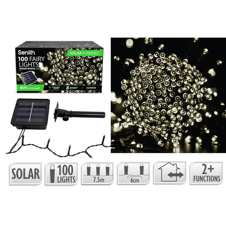100 LED solar fairy lights, 7.5m string with 2 lighting functions in warm white