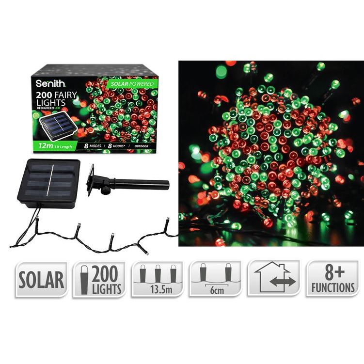 200 LED solar fairy lights, 13.5m string with 8 lighting functions in red & green