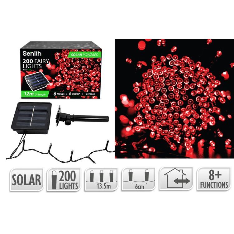 200 LED Solar Fairy Lights 13.5m 8 Function Red outdoor solar LED lights