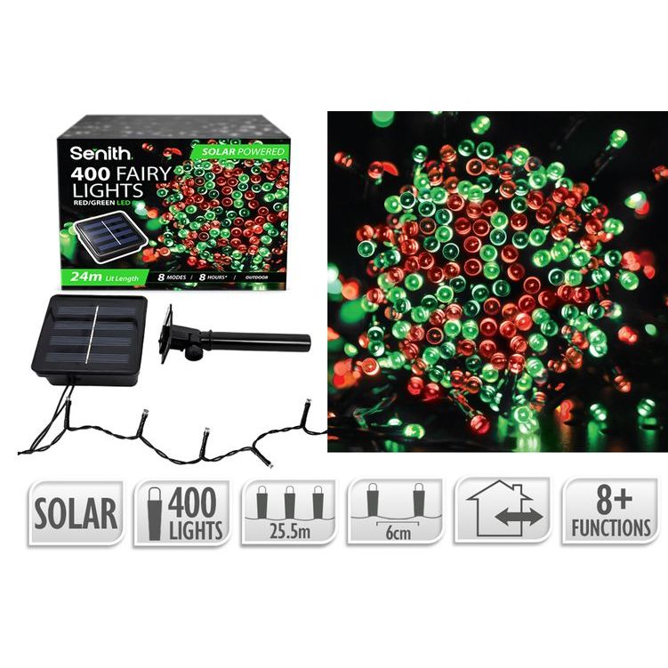 400 LED solar fairy lights, 25.5m string with 8 lighting functions in red & green
