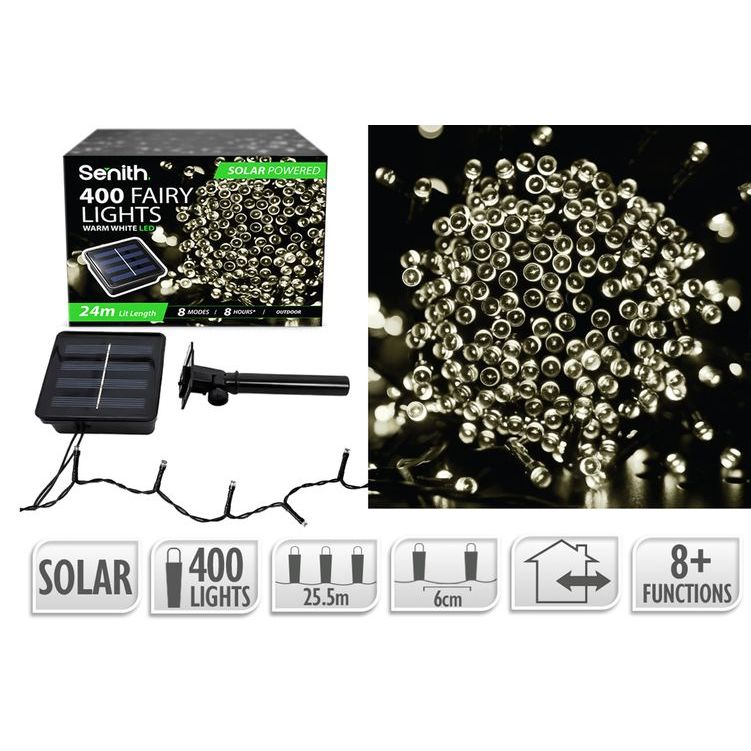 400 LED solar fairy lights, 25.5m string with 8 lighting functions in warm white