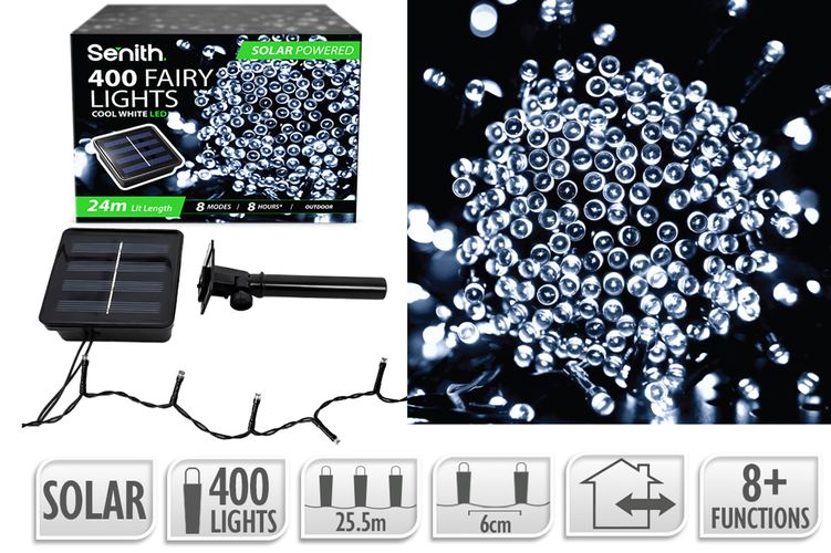 400 LED solar fairy lights, 25.5m string with 8 lighting functions in cool white