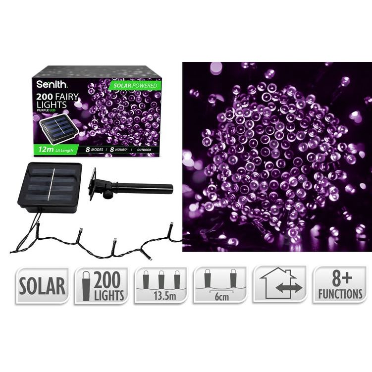 200 LED Solar Fairy Lights 13.5m 8 Function Purple outdoor solar LED lights