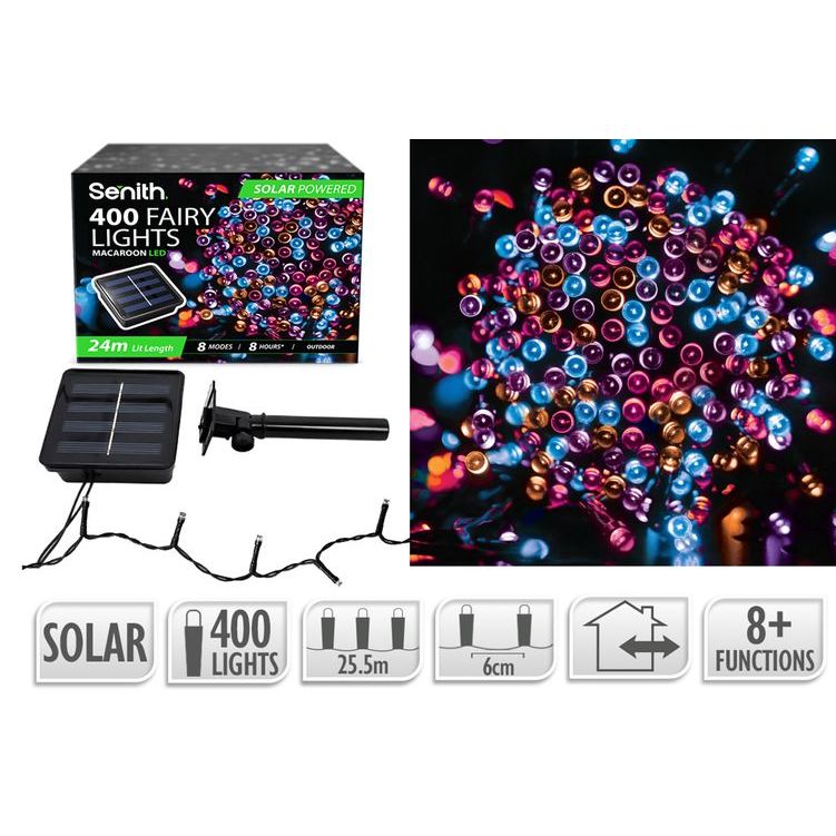 400 LED solar fairy lights, 25.5m string with 8 lighting functions in macaroon
