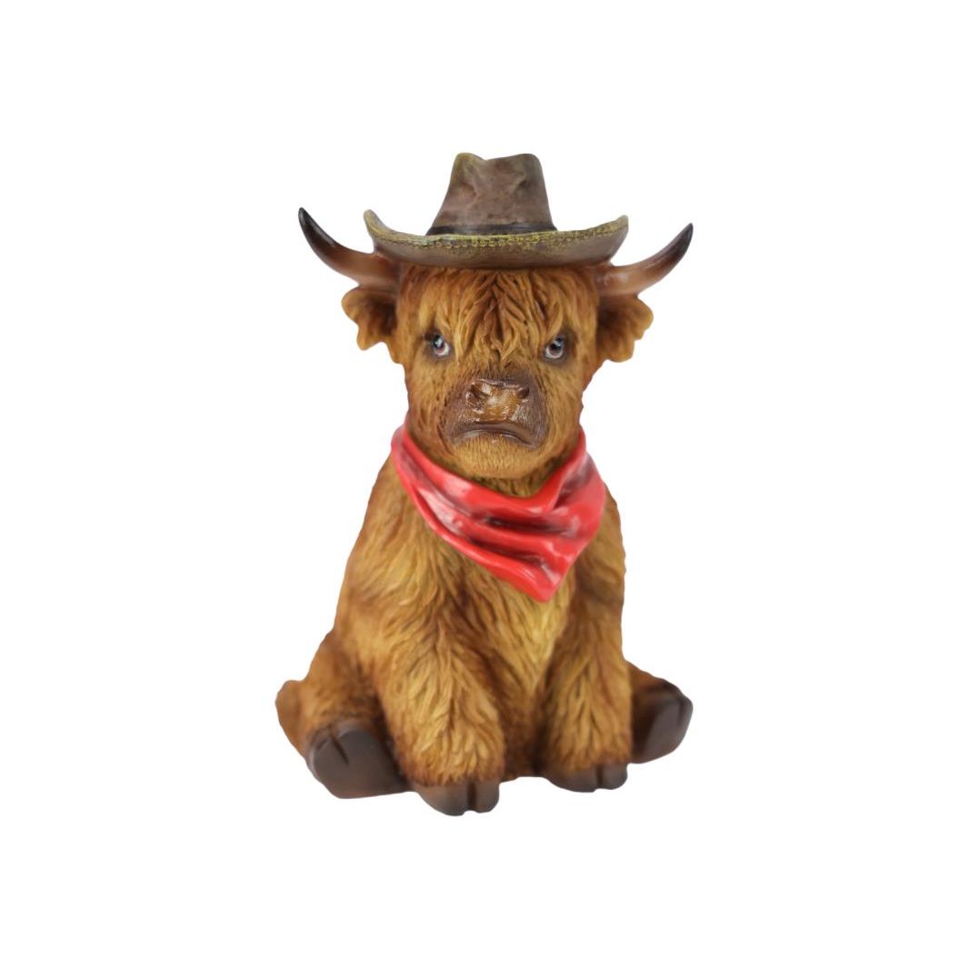 19cm Highland Cow w/Red Cowboy Hat SKU COWHSIT - Dollars and Sense