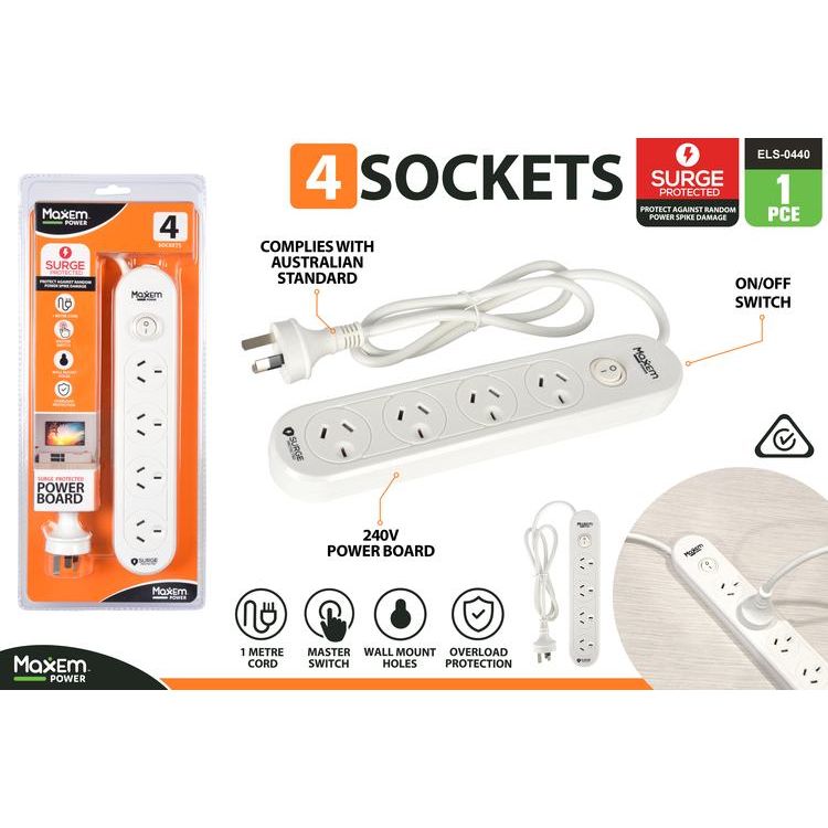 4 Way Powerboard with 1 Switch & Surge Protection - Dollars and Sense