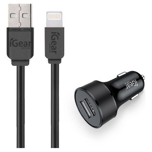 Car Charger with iPhone Charging Cable - Black