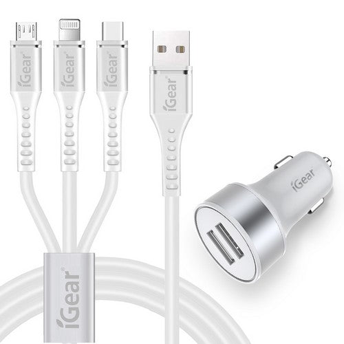 Car Charger 3 In 1 Charging Cable - White