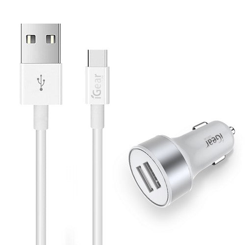 Car Charger with USB Type C Charging Cable - White