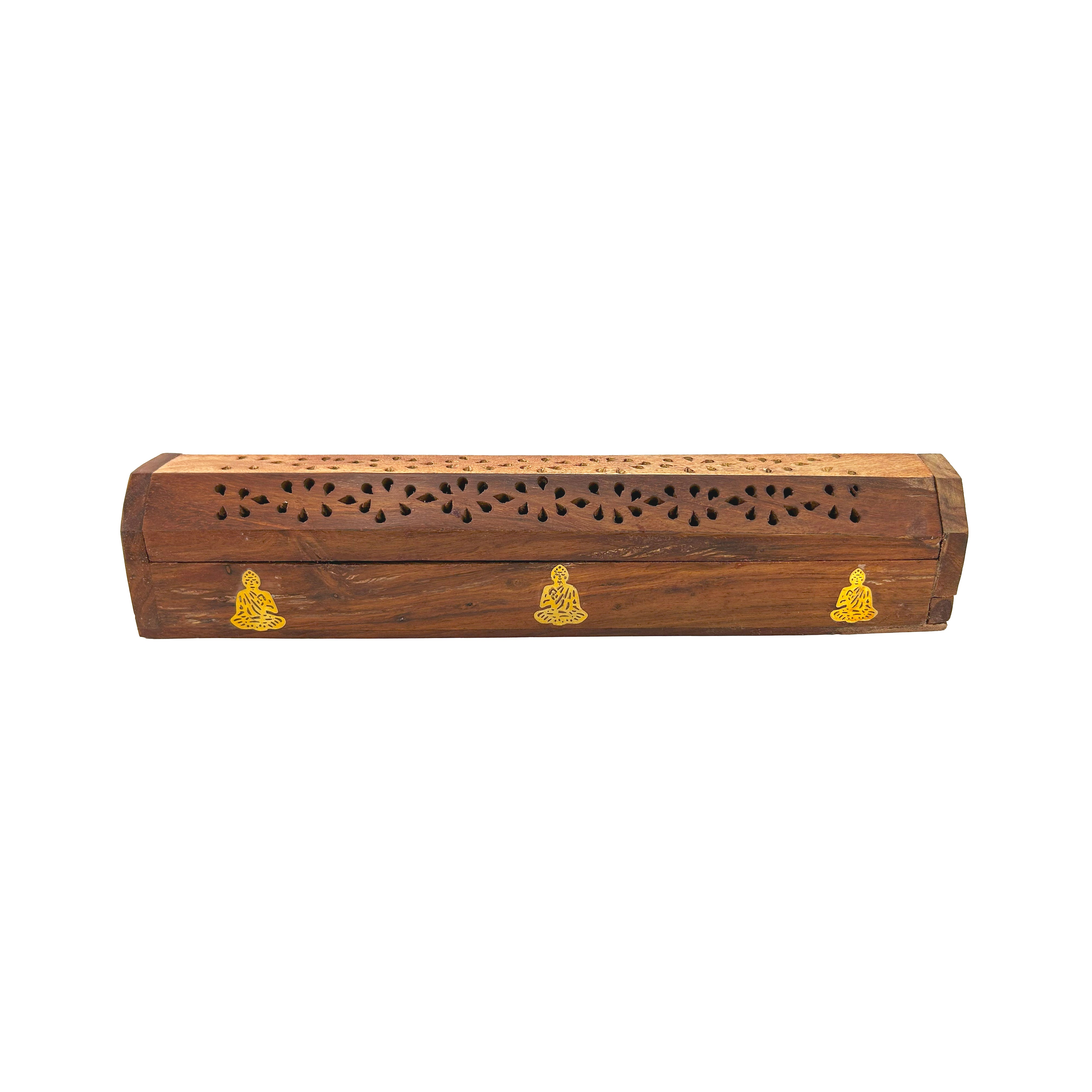 WOODEN INCENSE BOX WITH BRASS BUDDHA
