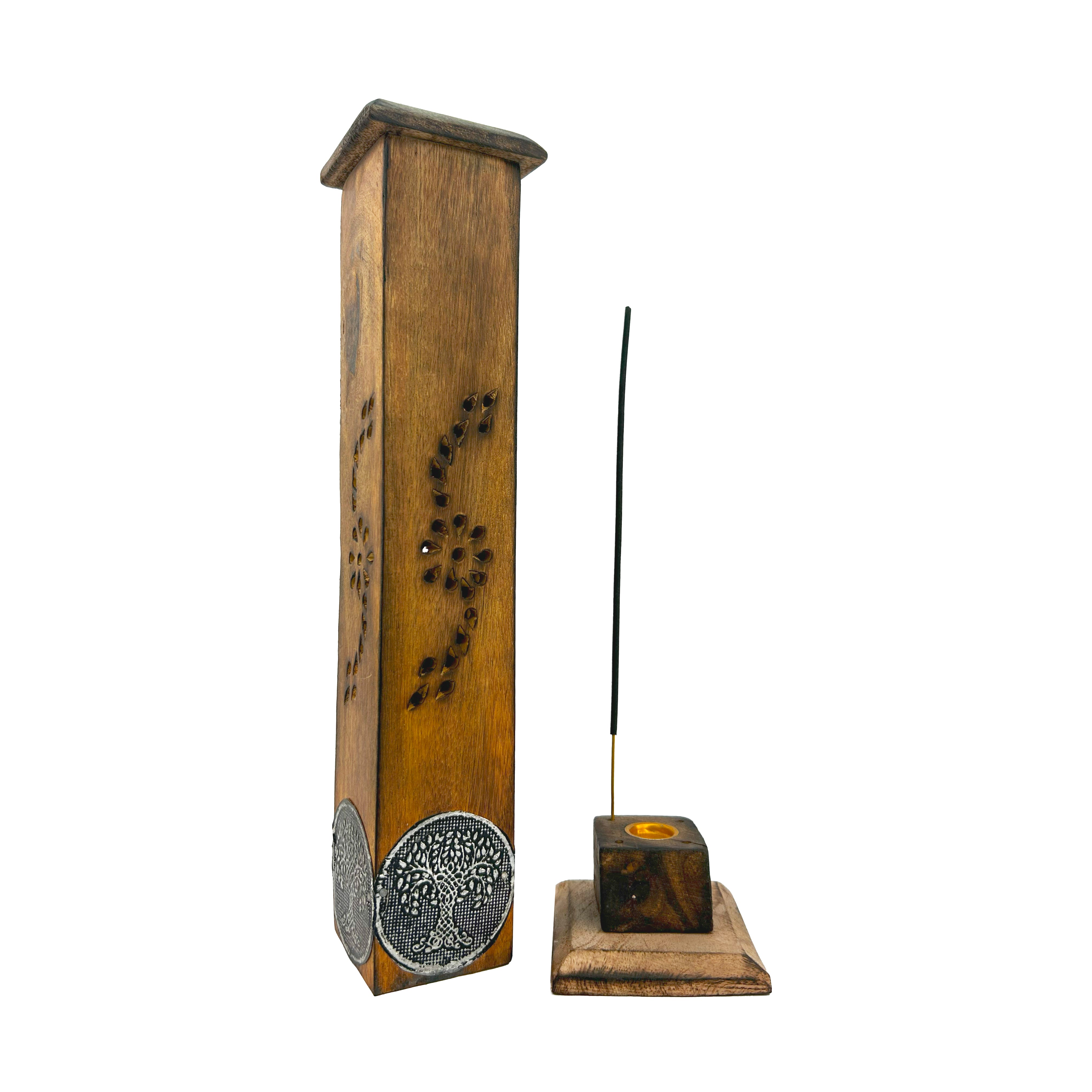 WOODEN INCENSE TOWER W/TREE OF LIFE