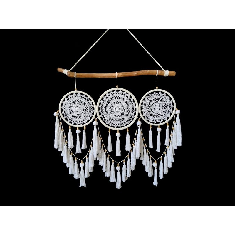 Dream Catcher Triple Macramé White Boho Driftwood 85cm SKU MACWALLD - Dollars and Sense