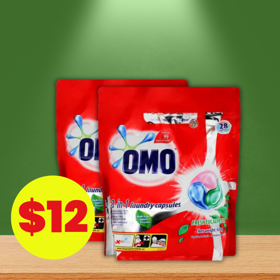 Omo 3 In 1 Laundry Capsules Fresh Eucalyptus  28pk - Dollars and Sense