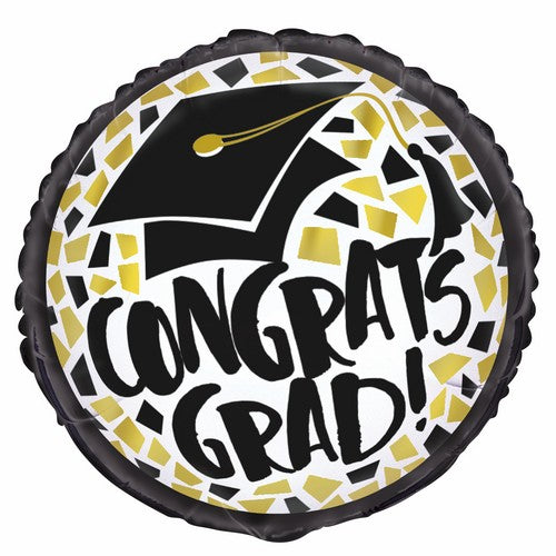 Black & Gold Congrats Grad 45cm (18) Foil Balloon Packaged