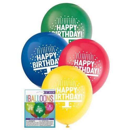 Happy Birthday Cake 8 x 30cm (12) Balloons - Assorted Primary Colours