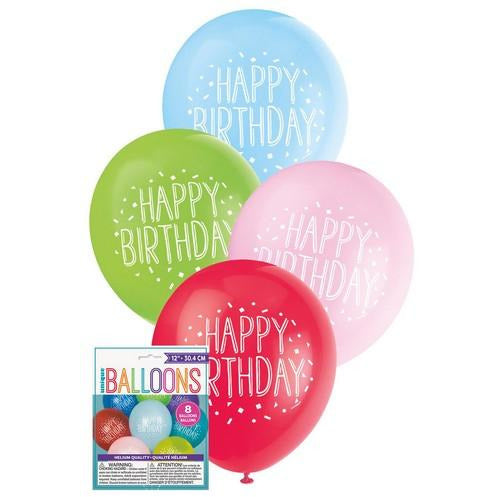 Fun Happy Birthday 8 x 30cm (12) Balloons- Assorted Colours