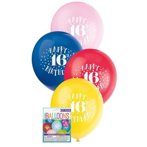 Happy 16th Birthday 8 x 30cm (12) Balloons - Assorted Colours