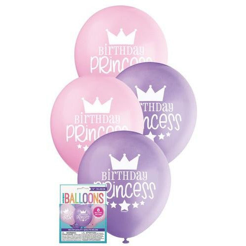 Birthday Princess 8 x 30cm (12) Balloons - Lovely Pink & Pretty Purple