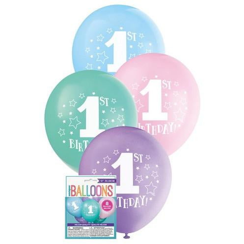 1st Birthday Stars 8 x 30cm (12) Balloons - Assorted