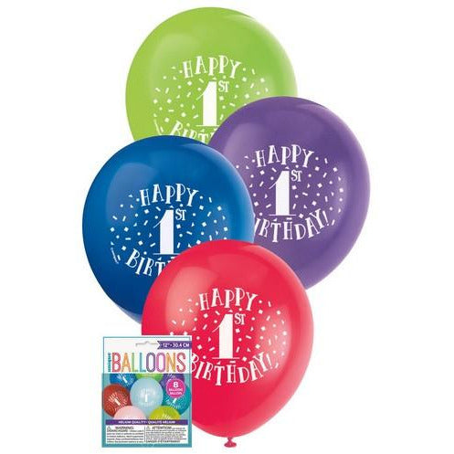 Happy 1st Birthday 8 x 30cm (12) Balloons - Assorted Colours