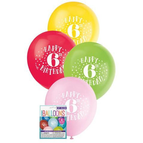 Happy 6th Birthday 8 x 30cm (12) Balloons - Assorted Colours