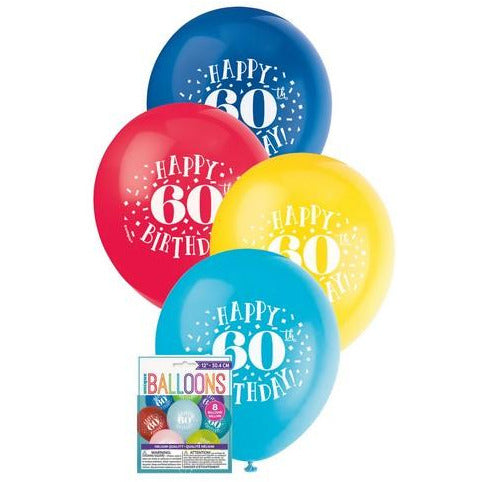 Happy 60th Birthday 8 x 30cm (12) Balloons - Assorted Colours