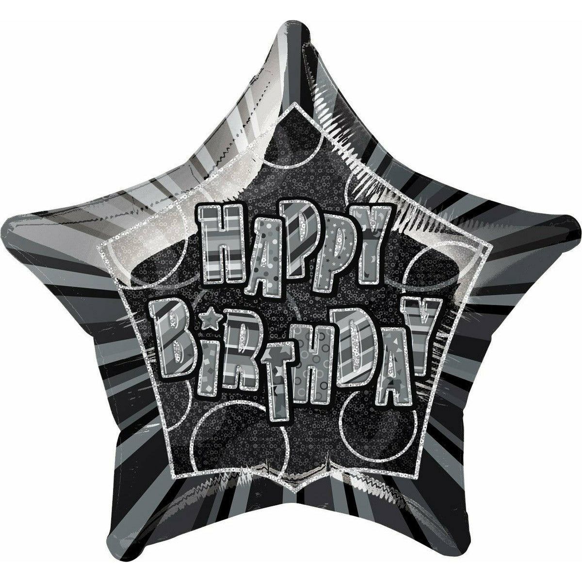 Glitz Black and Silver Happy Birthday Star Foil Balloon Packaged - 50cm 1 Piece - Dollars and Sense