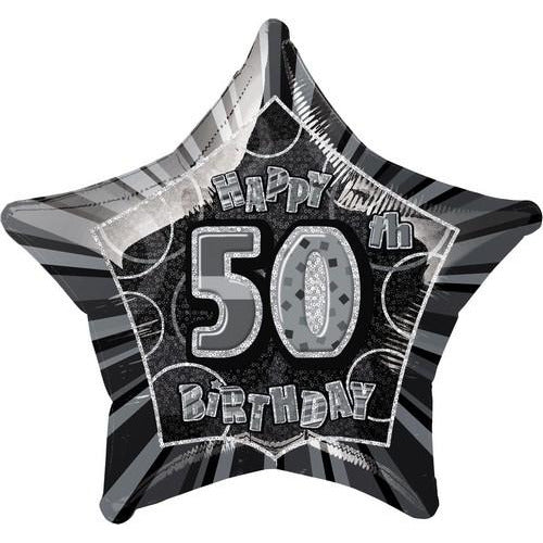 Glitz Black And Silver 50th Birthday Star 50cm (20) Foil Balloon Packaged