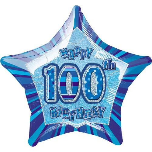 Glitz Blue 100th Birithday Star 50cm Foil Balloon Packaged Default Title