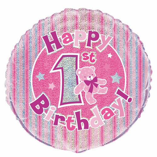 1st Birthday - Pink 45cm (18) Foil Prismatic Balloons Packaged