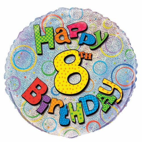 8th Birthday 45cm (18) Foil Prismatic Balloons Packaged