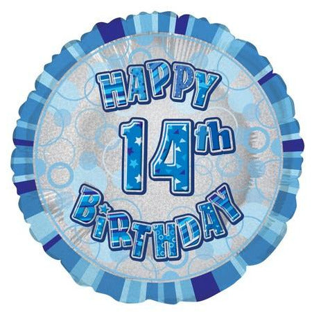 Glitz Blue 14th Birthday Round 45cm (18) Foil Balloon Packaged