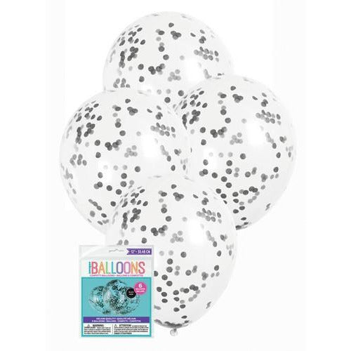 6 x 30.48cm (12) Clear Balloons Prefilled With Black Confetti