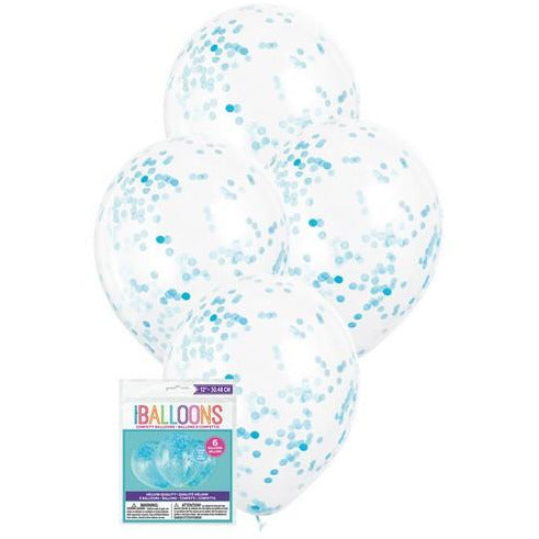 6 x 30.48cm (12) Clear Balloons Prefilled With Powder Blue Confetti